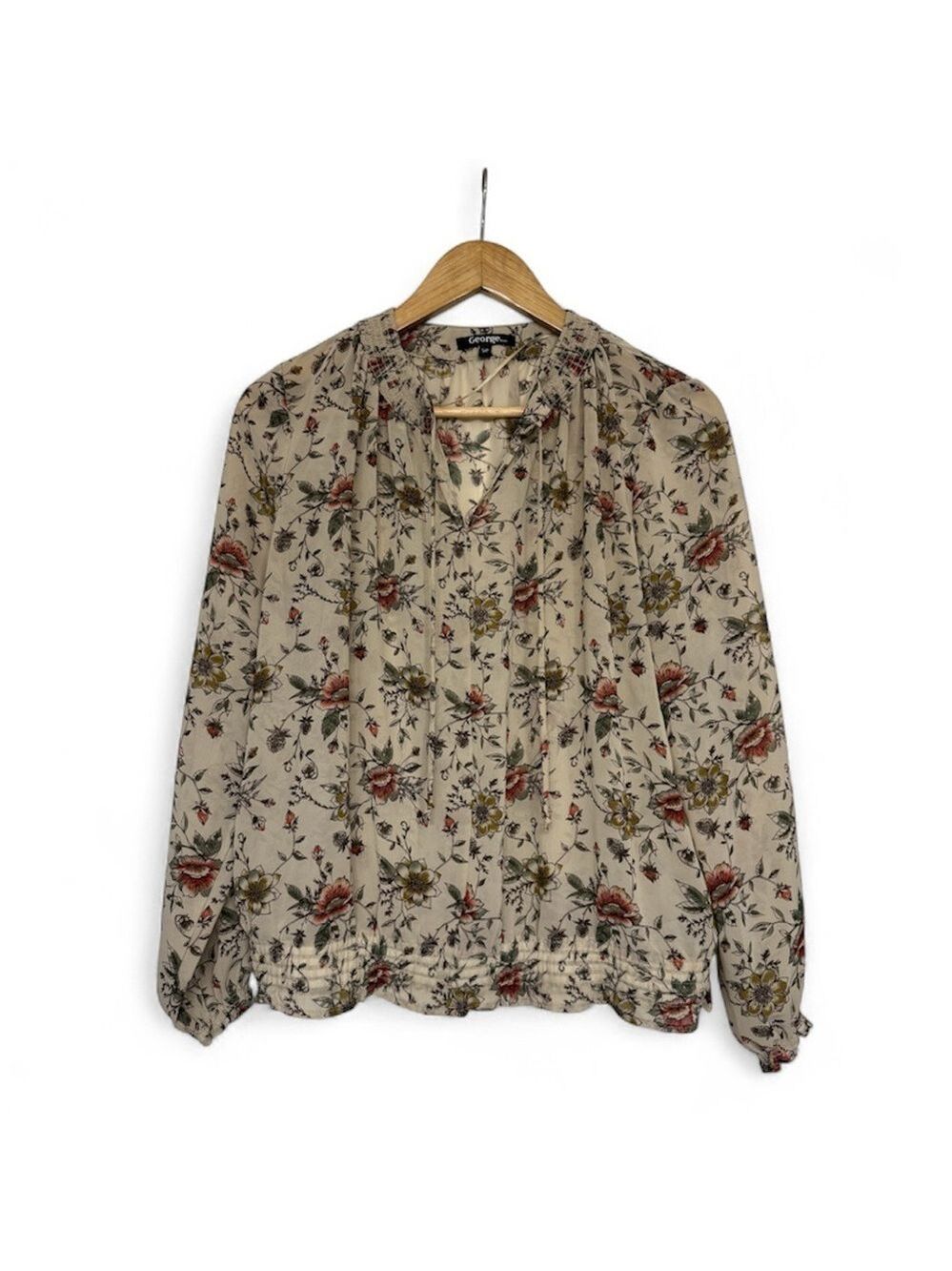 Boho Peasant Blouse Women's Small Beige Long Sleeve Smocked